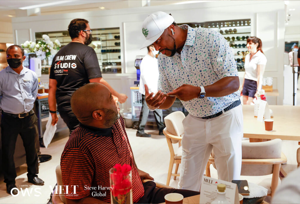 Golfers talking indoors